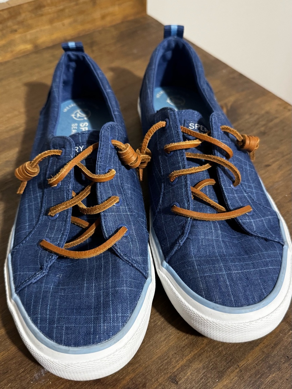 Sperry Crest Vibe Linen Sneakers Women's Size 10 Blue Plaid Casual Lace Up Shoes